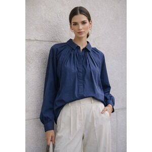 To My Lovers Pleated Neck Blouse Women's L Navy Flowy Minimalist Quiet Luxury
